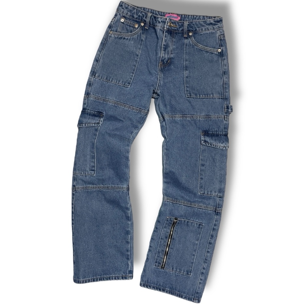 Edikted Dollskill Blue Denim Cargo Jeans Sz M Pants Multi Pocket Wide Leg Zipper
